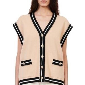 MAJE Marshelli Oversized Sleeveless Cardigan Vest in Beige/Black, Size S